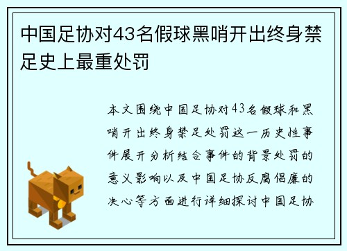 中国足协对43名假球黑哨开出终身禁足史上最重处罚